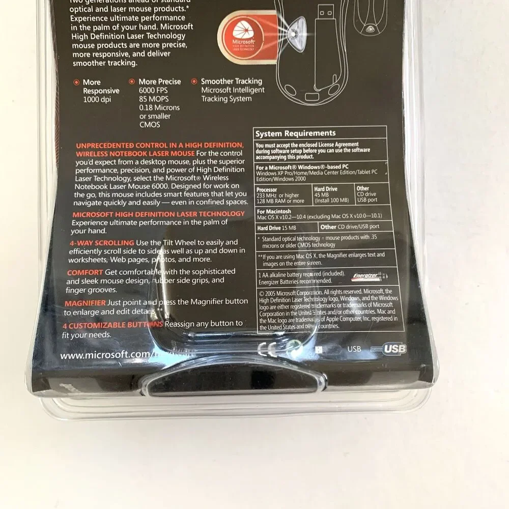 New Microsoft Wireless Notebook Laser Mouse 6000 Model 1054, 1051 (B5W-00006)